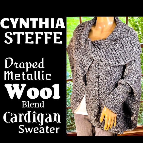 Cynthia Steffe Sweaters - ▪️CYNTHIA STEFFE▪️Draped Gray & Silver Metallic Wool Blend Cardigan Sweater